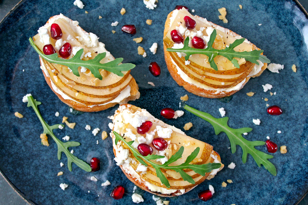 Goat Cheese, Pear, and Walnut Crostini AR’s® Hot Southern Honey AR